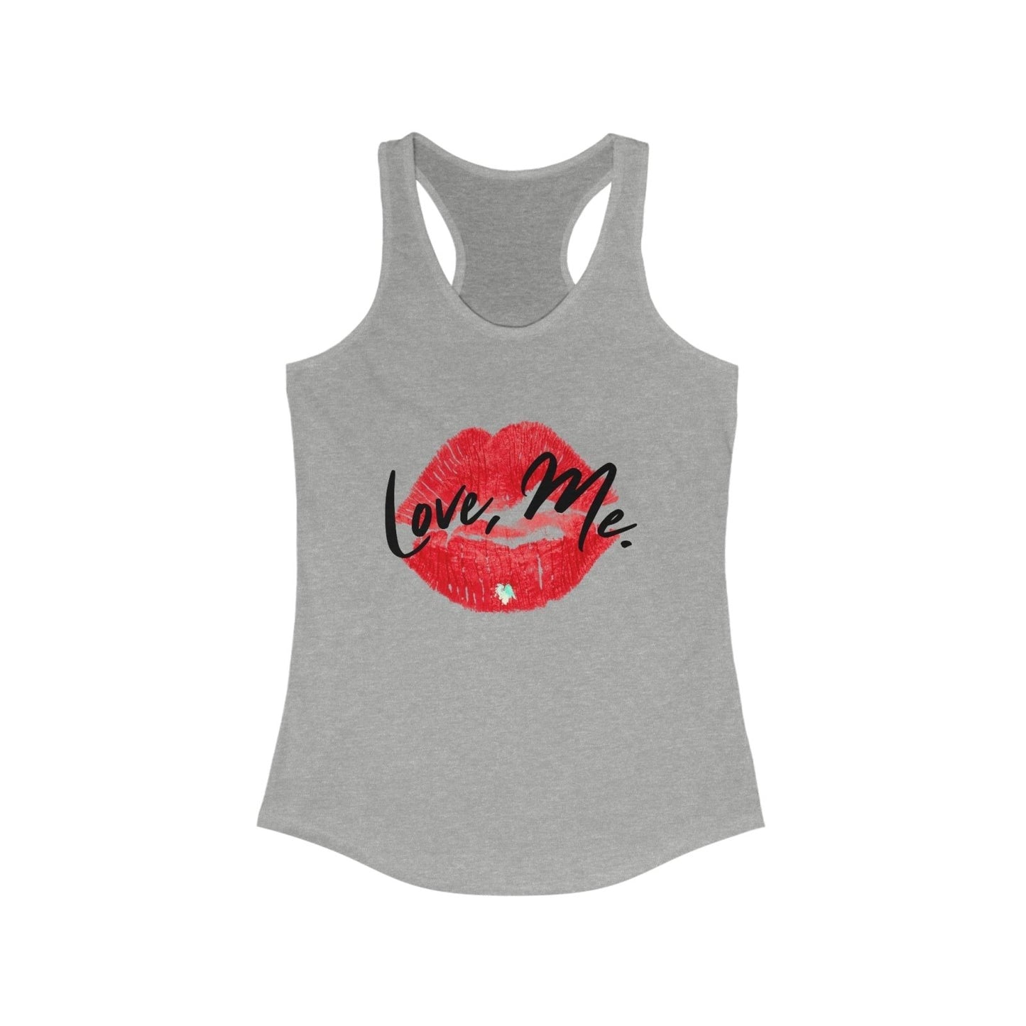 Women's Racerback Tank Top with Red Kiss Lips, Green Heart - Love, Me. | CA - Ohhh So Swag