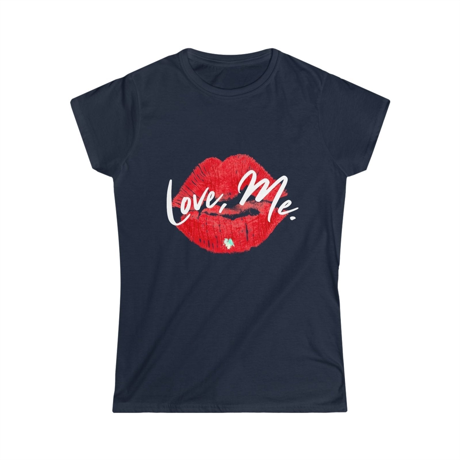 Women's Softstyle Crew Tee with Red Kiss Lips, Green Heart - Love, Me. | CA - Ohhh So Swag