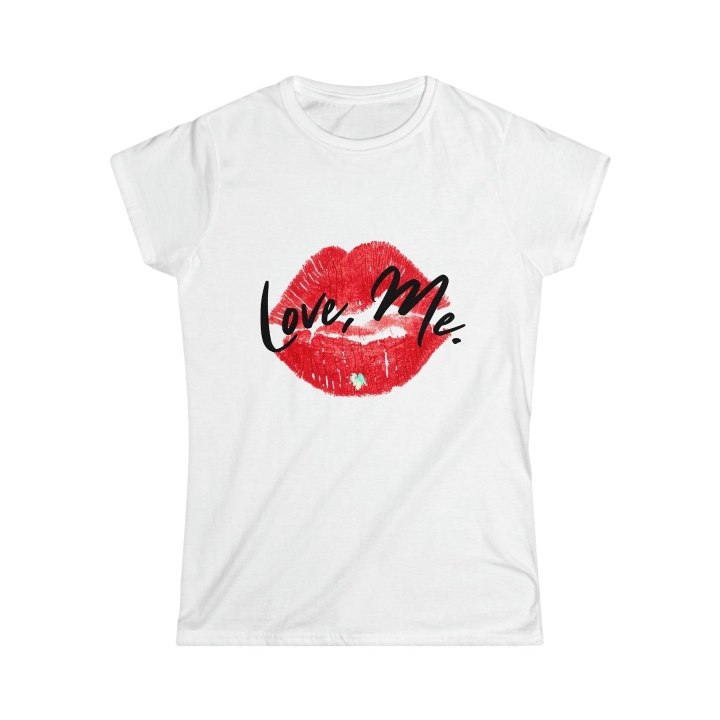 Women's Softstyle Crew Tee with Red Kiss Lips, Green Heart - Love, Me. | CA - Ohhh So Swag