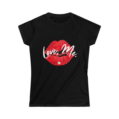 Women's Softstyle Crew Tee with Red Kiss Lips, Green Heart - Love, Me. | CA - Ohhh So Swag