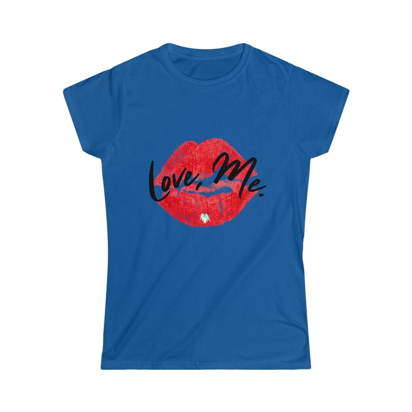 Women's Softstyle Crew Tee with Red Kiss Lips, Green Heart - Love, Me. | CA - Ohhh So Swag