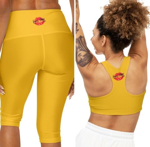 Yellow Sports Bra, Medium Support, Red Kiss Lips, Purple Heart - Love, Me. | US - Ohhh So Swag