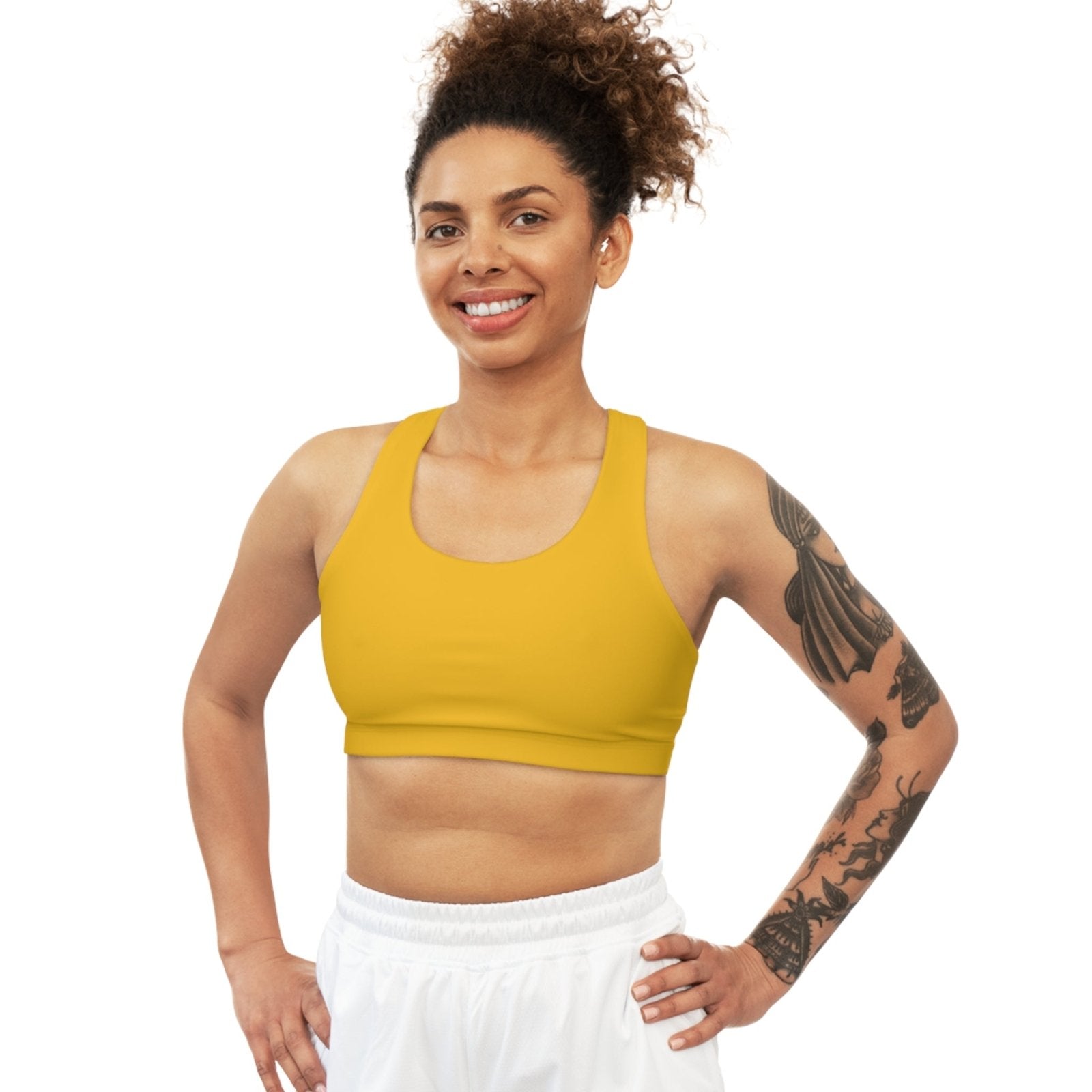 Yellow Sports Bra, Medium Support, Red Kiss Lips, Purple Heart - Love, Me. | US - Ohhh So Swag