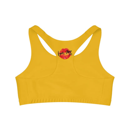 Yellow Sports Bra, Medium Support, Red Kiss Lips, Purple Heart - Love, Me. | US - Ohhh So Swag