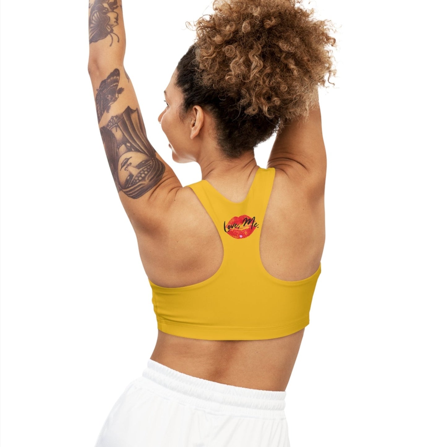 Yellow Sports Bra, Medium Support, Red Kiss Lips, Purple Heart - Love, Me. | US - Ohhh So Swag